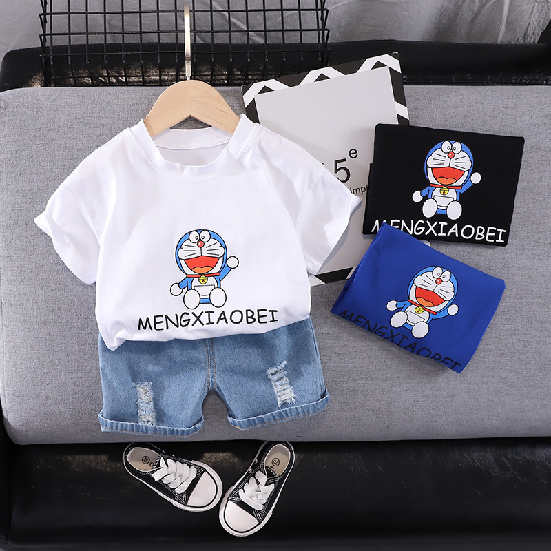 Summer new children's handsome jeans two-piece printed boy summer suit boy Korean short-sleeved tide