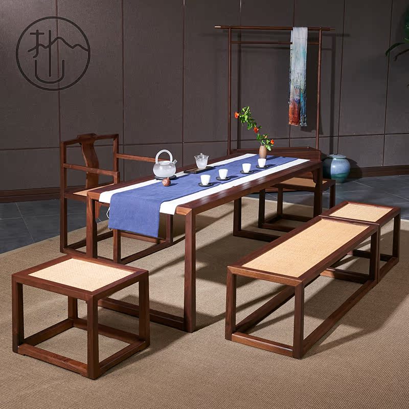 New Chinese style solid wood tea table and chair combination living room tea table Zen tea room home walnut tea space furniture customization