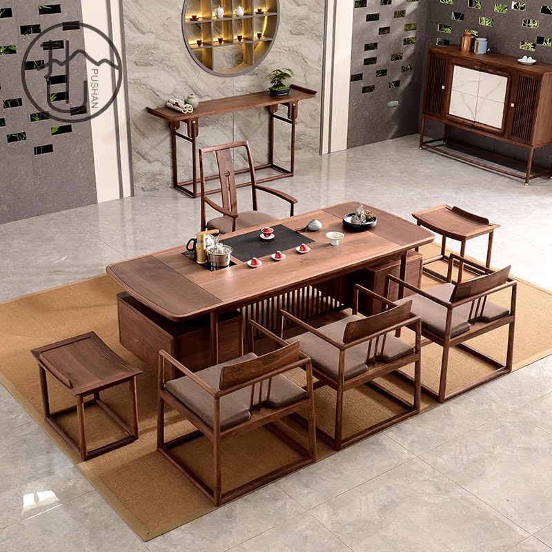 New Chinese Solid Wood Tea Table And Chairs Combine Zen tea Desk Tea House Tea Room Blackwalnuts Office High-end furniture Customized