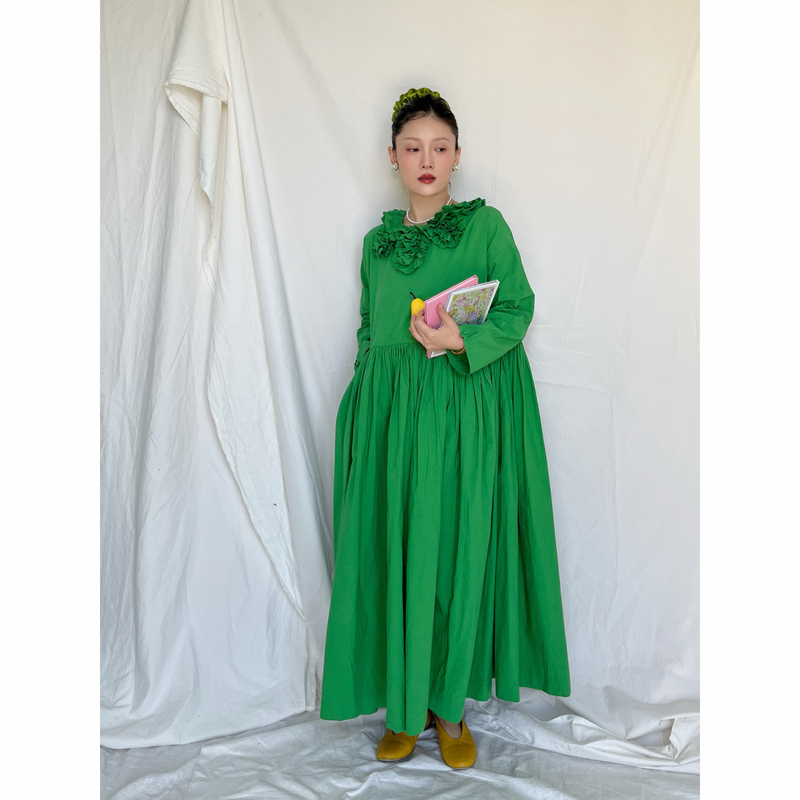 Original Design High-Density Long-Staple Cotton Green Loose Retro Lazy Lace-Trimmed Long Doll Dress Original Design High-Density Long-Staple Cotton Green Loose Retro Lazy Lace-Trimmed Long Doll Dress