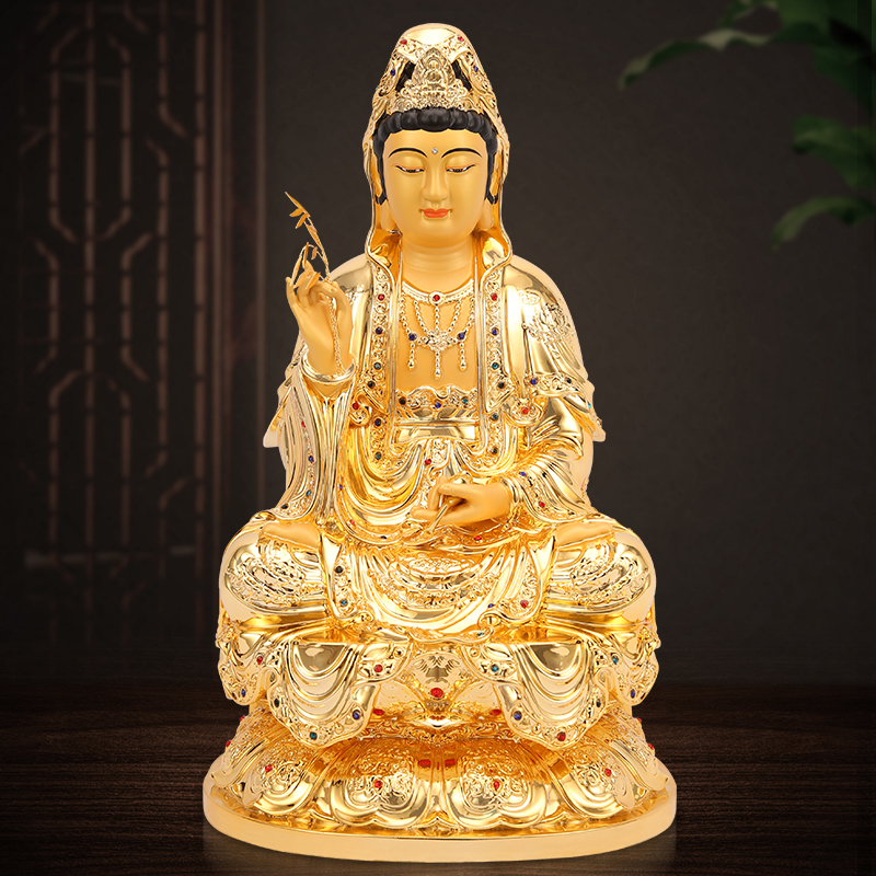 坐蓮觀音菩薩家用供奉純銅鎏金觀世音像娑婆三聖神像擺件