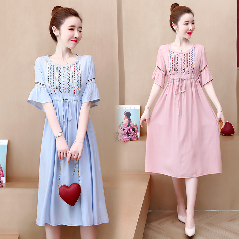 New maternity dress dress summer long version of fashion cotton and hemp embroidery large size loose high waist thin over-the-knee dress