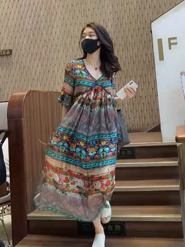 Элитное летнее платье, ретро шифоновая длинная юбка, делается под заказ, V-образный вырез, свободный крой