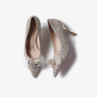 High-Heeled Wedding Shoes, Pointed-Toe Bridal Shoes, Engagement French-Style Comfortable Princess Shoes That Don'T Tire Your Feet, Champagne-Colored Crystal Shoes for Wedding Toasts