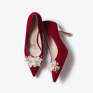 Red Wedding Shoes for Women, Chinoiserie Bridal Shoes for Engagement, Comfortable and Not Tiring for Feet, Xiuhe Toast Stiletto Heels, Flower Pearl High Heels