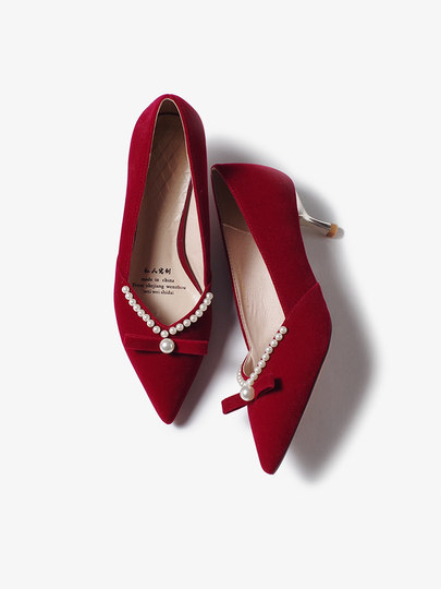 Red Wedding Shoes Women's Chinese Medium Heel Bridal Shoes Engagement Comfortable Not Tiring Feet Xiuhe Wedding Dress Toast Pearl High Heels