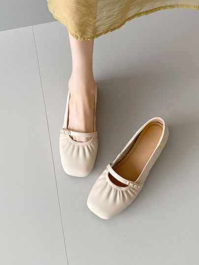 Sheepskin single shoes for women, low heel, soft leather, soft surface, soft sole, genuine leather, shallow mouth Mary Jane, comfortable and versatile pearl small leather shoes