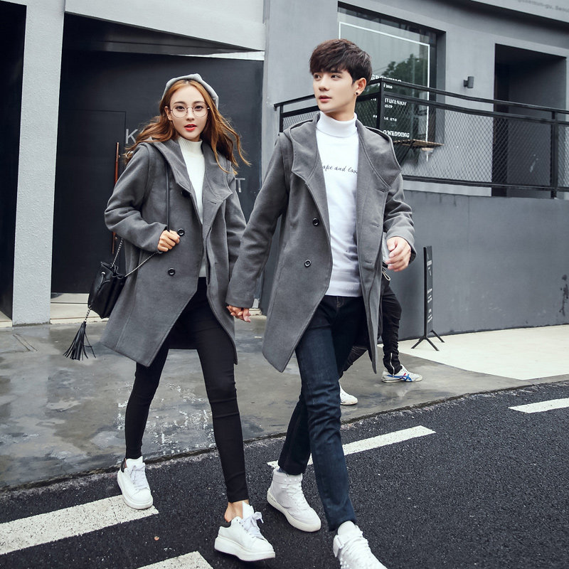 Autumn and winter 2020 Korean version of the tide hooded medium and long version of the windbreaker couple's coat thickened wool coat winter