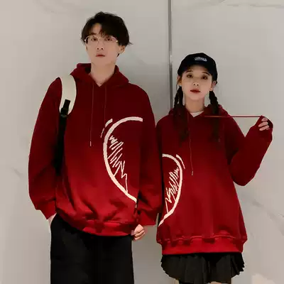 roora couples dress French fried street Red thick cotton T men hooded Tide brand ins spring and autumn coat niche design sense