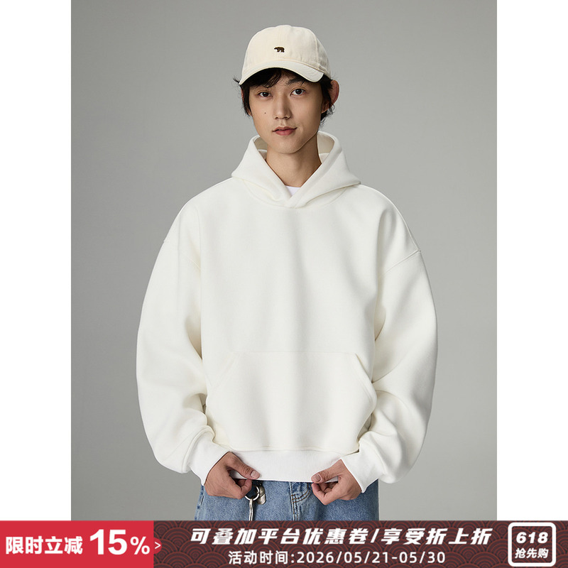 Bolm Spring and Autumn American-Style Heavyweight Boxy Hooded Sweatshirt for Men and Women, Pure White Short Loose Cleanfit Hoodie Bolm Spring and Autumn American-Style Heavyweight Boxy Hooded Sweatshirt for Men and Women, Pure White Short Loose Cleanfit Hoodie