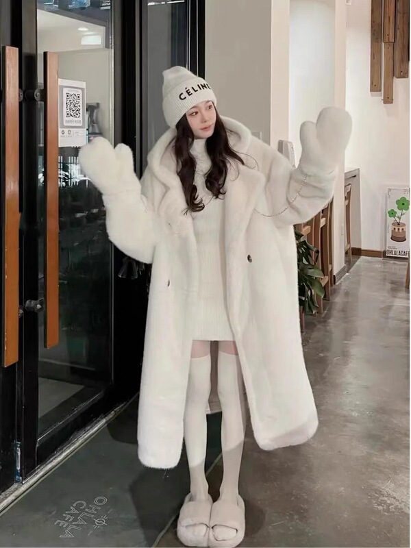 2024 New Eco-Friendly Faux Mink Fur Long Loose Thick Hooded Fur Coat for Women