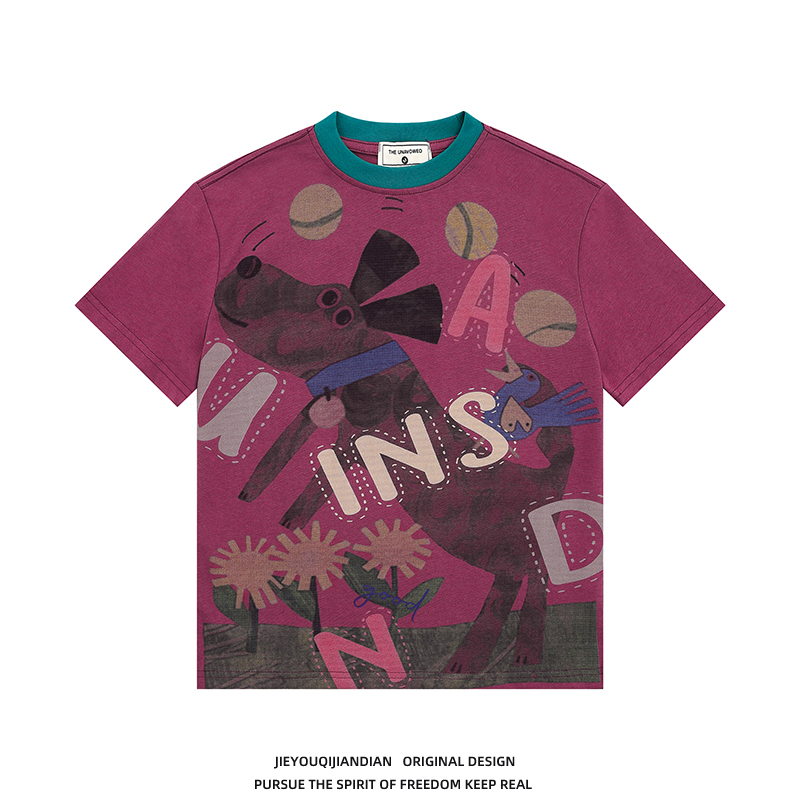 Korean Retro Graffiti Print Color-Blocking Design Short-Sleeve T-Shirt for Women, Summer Slim-Fit Crop Top