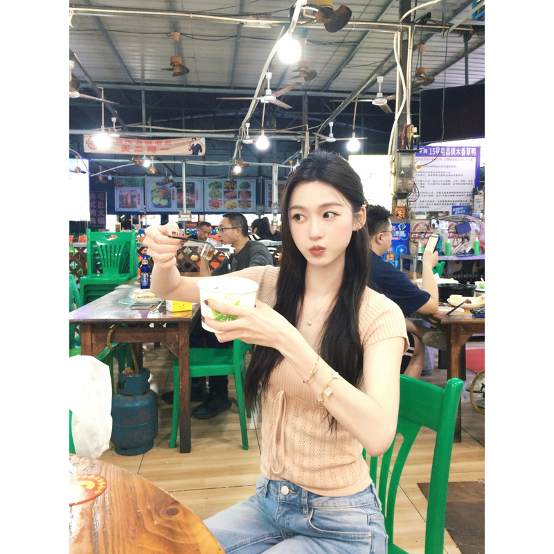 Ruan Xiaomi Smileme【Suyu】Spring Crochet Hollow Short-Sleeve Knit Top Women's U-Neck Tie Sweater