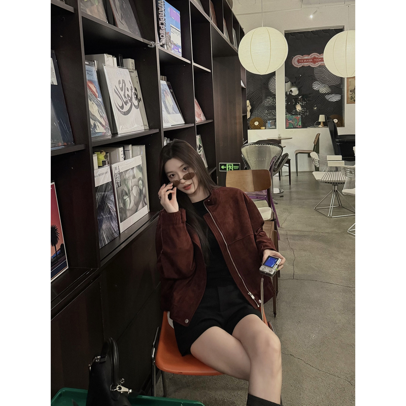 Ruan Xiaomi Smileme【Wutong Whisper】Stand Collar Structured Split Suede Jacket Women's Autumn Short Coat