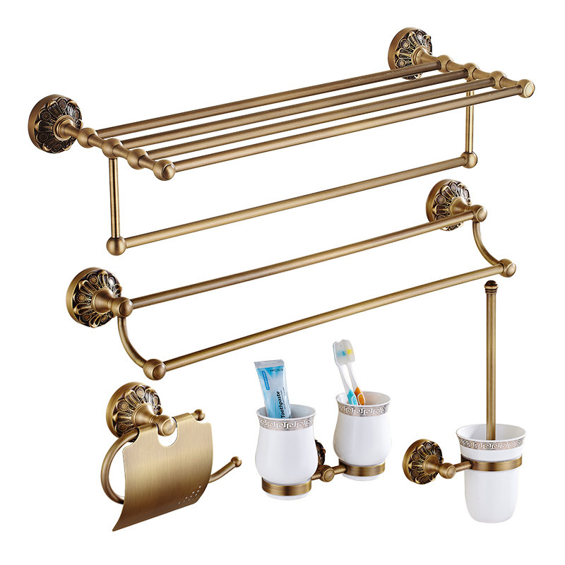 European vintage brushed bath towel rack Full copper toilet brush set Paper towel basket shelf Powder room pendant free hole