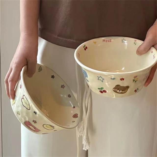 Cute cartoon yogurt bowl doodle ceramic bowl household tableware rice bowl high temperature soup noodle bowl salad bowl