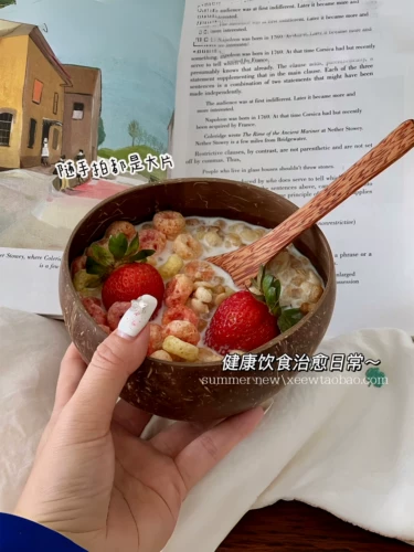 Миска для йогурта, овсянка с кокосом, деревянная миска, миска из скорлупы кокоса, салат, хлопья, десерт, фрукты, посуда для завтрака, деревянная миска с ложкой
