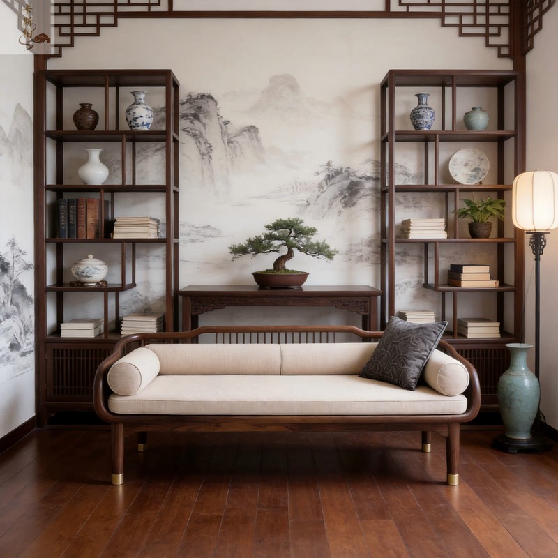 Song-Style Aesthetics Black Walnut Modern Minimalist Luohan Bed Couch New Chinese Style Tea Room Living Room Sofa Bed Solid Wood Sofa