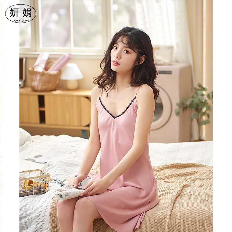 Nightdress with bra pads Ladies ice silk sexy temptation lace backless summer pure hot sexy sling pajamas Sao