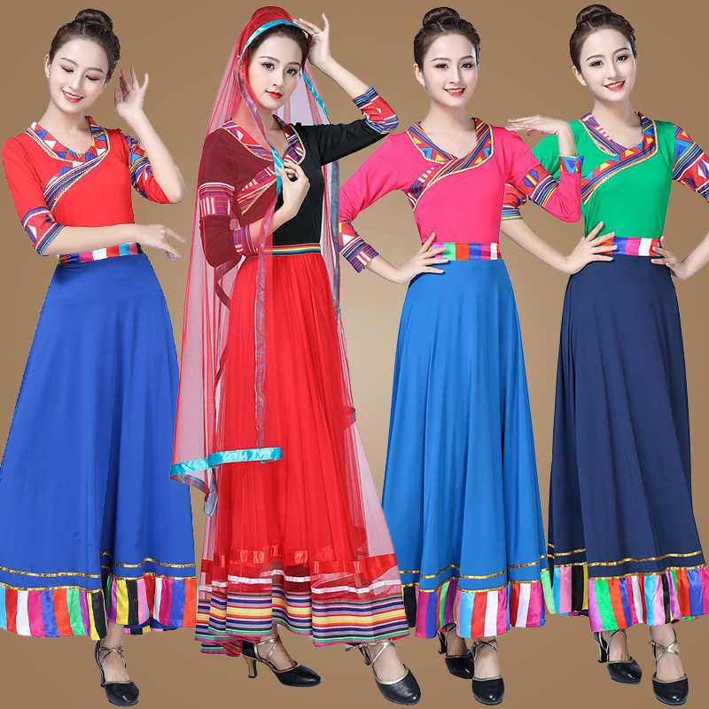 New Tibetan Dancing Long dress Tibetan dance performance Costume Milk Silk Tibetan Dance Suit Tibetan Long Dress