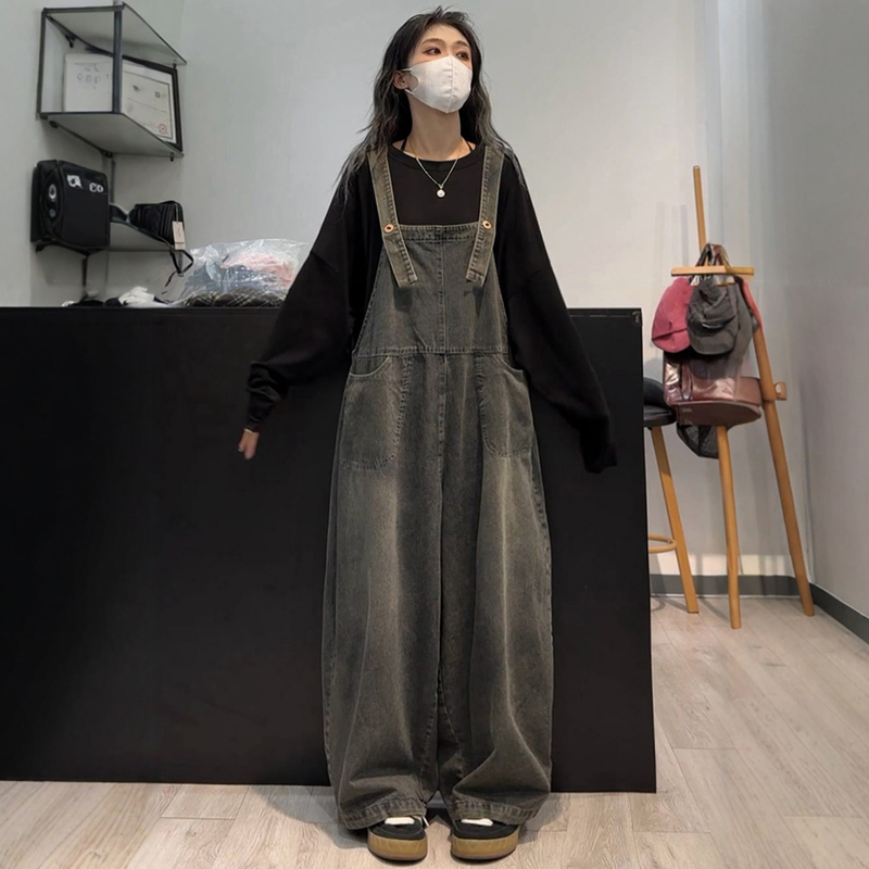 Distressed Straight-Leg Washed Thick Denim Overalls for Women, Trendy ins Winter Fashion High-Waisted Loose Wide-Leg Jeans