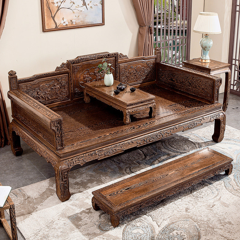 Lingfu Mahogany Furniture Carved Arhat Bed Sofa Solid Wood New Chinese Zen Wenge Chinese Couch Bed Three-piece Set