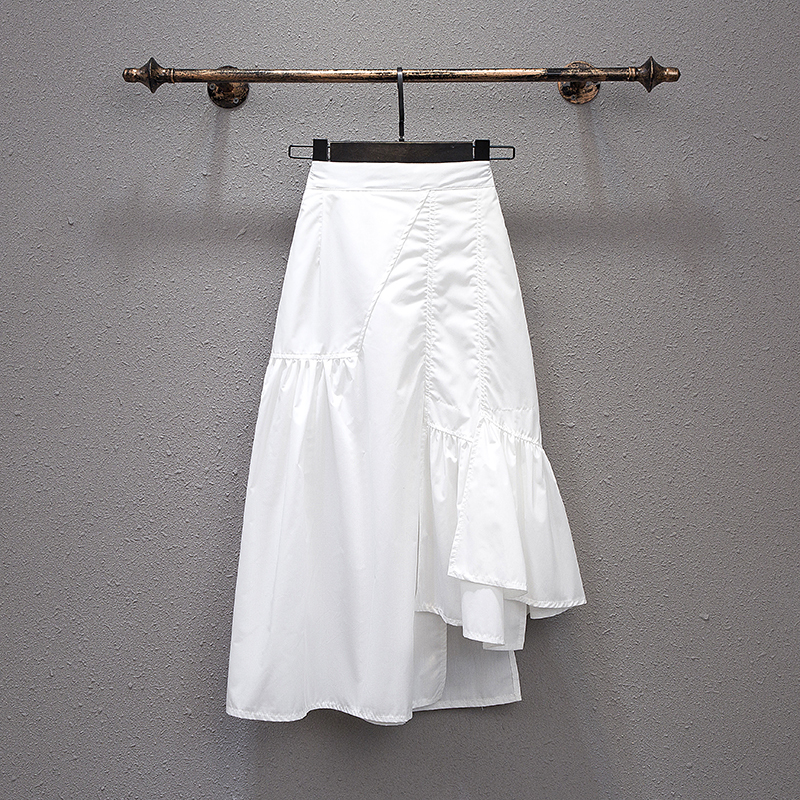 Korean High-End Irregular White Midi Skirt for Women, Summer Mid-Length French High-Waisted Slimming A-Line Skirt for Petite Figures