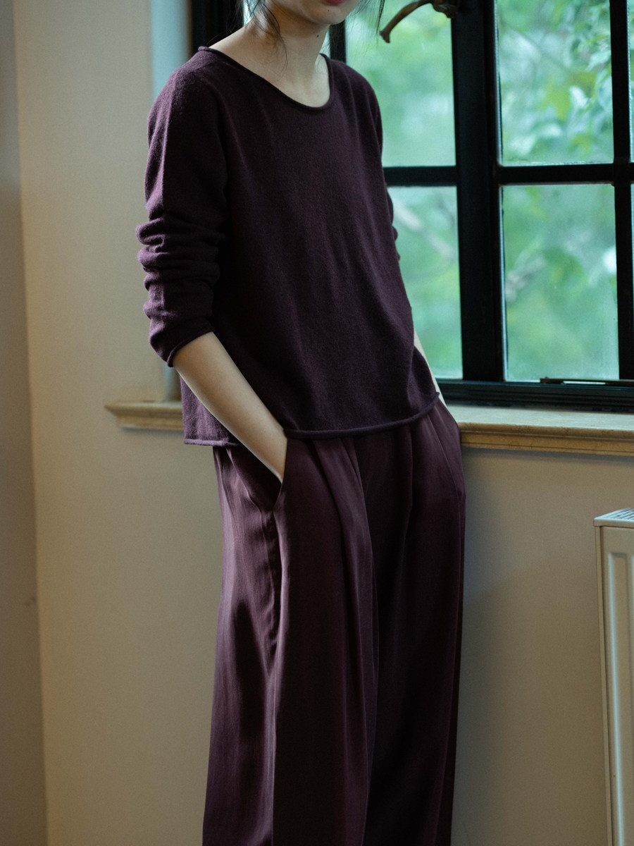 Cha Official) Cortana Cashmere Roll-Up Scoop Neck Basic Knit