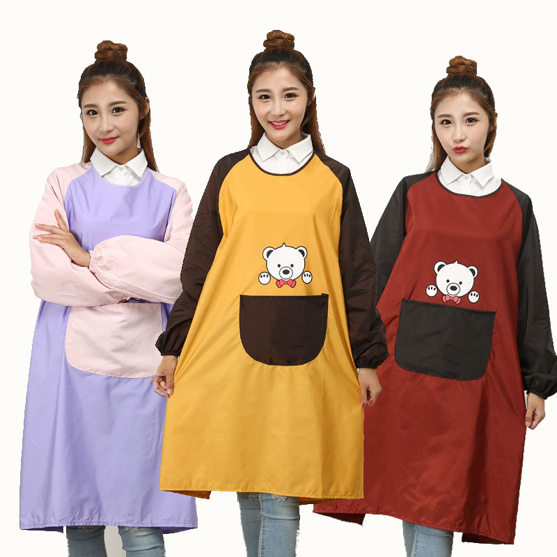 Adult long-sleeved apron smooth cloth Korean fashion kitchen micro waterproof cover cute anti-dressing with sleeves