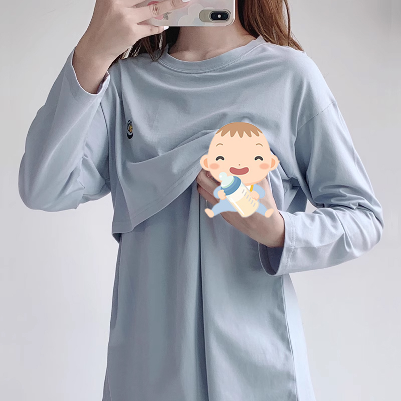 Postpartum Nursing Clothes, Long-Sleeved Tops for Going Out, Trendy Mom T-Shirts, Spring and Autumn Wear, Pure Cotton, Hot Mom Style Nursing Clothes