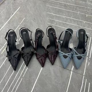 西班牙ZR性感凉鞋女夏季配裙子高跟牛仔布漆皮细跟扣带尖头穆勒鞋