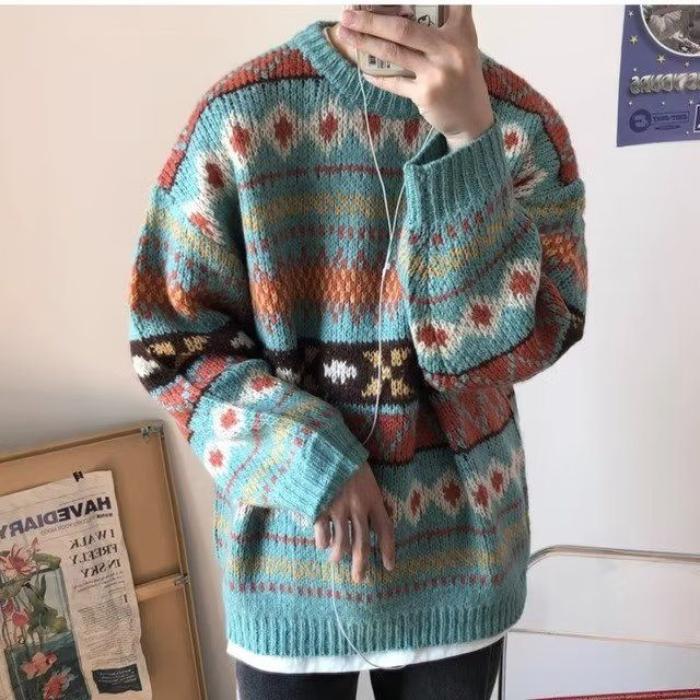 Autumn Daisy Flower Sweater Couple's Loose Casual Jacquard Knitwear for Men and Women, Versatile Trendy Top for Students