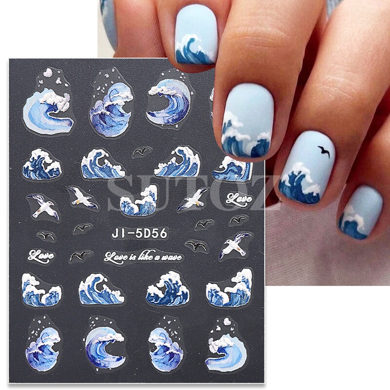2023 Internet Celebrity Hot Style Nail Stickers Chinese Style Summer Blue Ocean Waves Gradient Three-Dimensional Embossed Nail Stickers