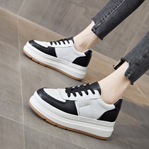 The secret of big long legs ~ 2022 spring and autumn new 7CM thick sole shoes panda shoes leather casual plus velvet small white shoes