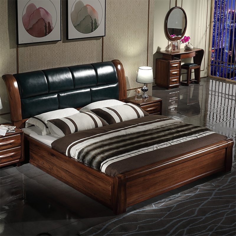 Bedroom all solid wood furniture black walnut bed leather soft back bed walnut solid wood bed 1 8 meters high box bed