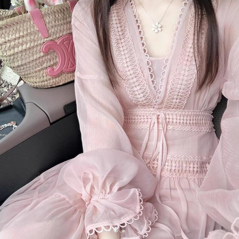 French-Style Pink V-Neck Lantern Sleeve Dress for Women, Autumn Plus Size, Elegant and Beautiful Long Dress