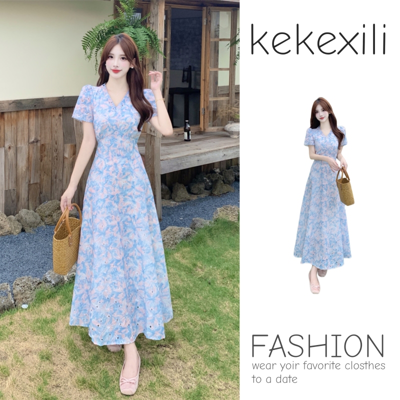 French-Style Blue and Pink Gradient Floral Dress for Women, Summer Plus Size, Slimming Waist, Puff Sleeves, Long Fairy Dress