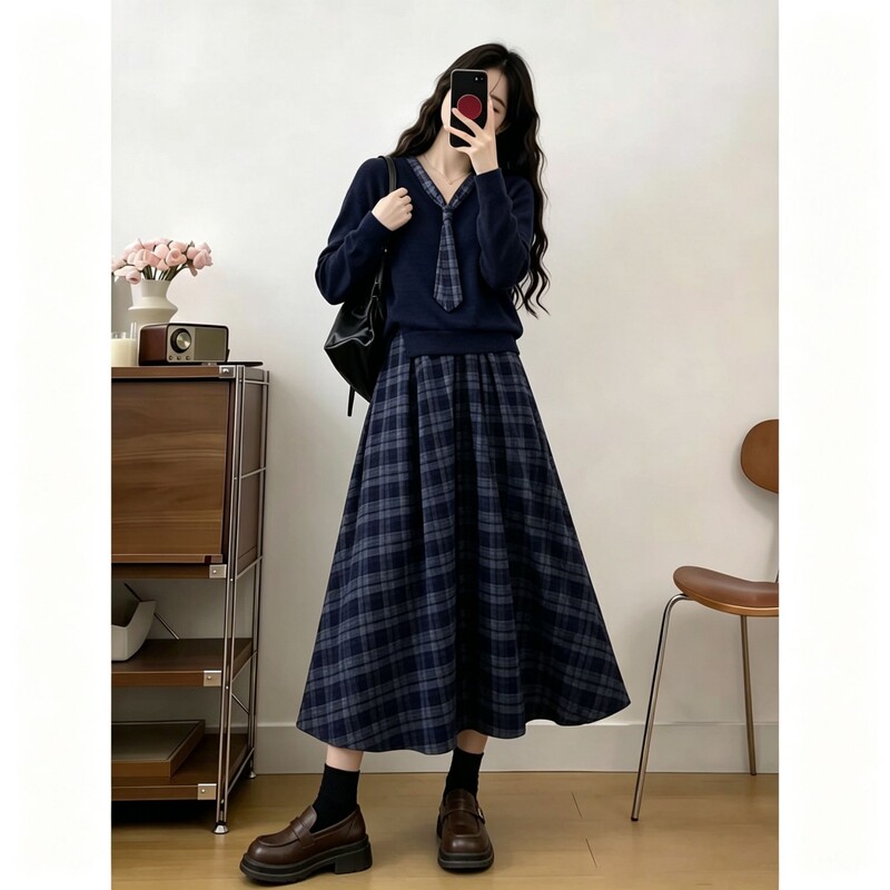 Retro Plaid Fake Two-Piece Long-Sleeved Dress 2026 Autumn and Winter Plus Size Fat mm Campus Style Slimming Look A-Line Long Skirt