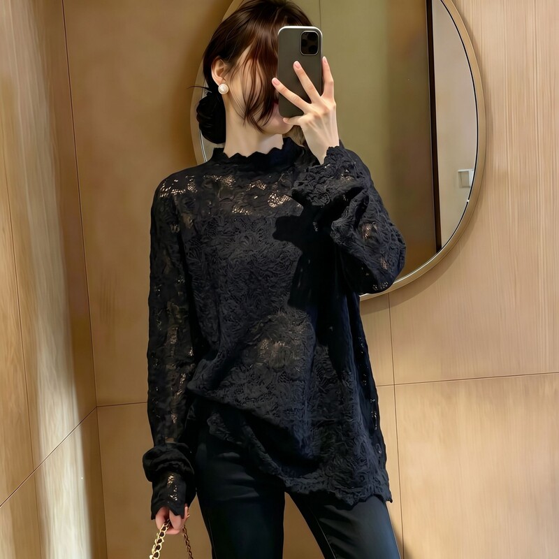 Black Half-High Collar Long-Sleeve Lace Shirt for Women, 2026 New Early Autumn Plus-Size Hollow-Out Slimming Elegant Top