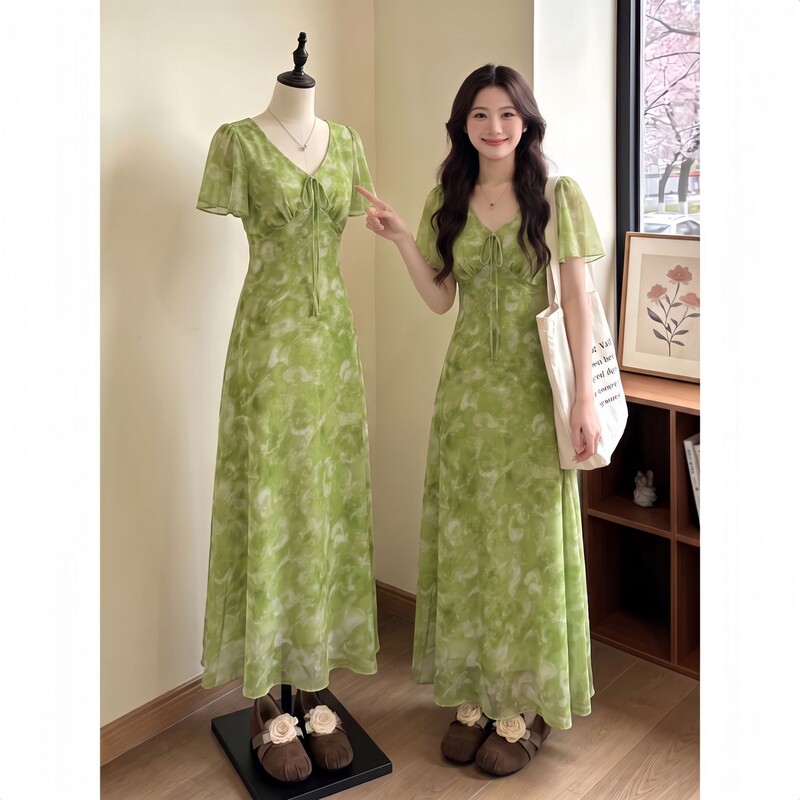Fresh Green V-Neck Tie-Dye Dress for Women, Summer Plus-Size, Super Slimming, Flowy, Forest-Style Long Dress Fresh Green V-Neck Tie-Dye Dress for Women, Summer Plus-Size, Super Slimming, Flowy, Forest-Style Long Dress
