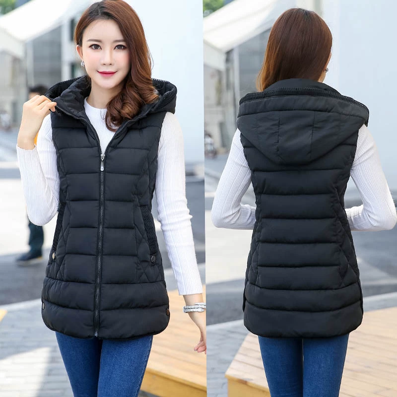 2018 Winter New Women Vest vừa dài Kích thước mỏng Áo khoác trùm đầu Hàn Quốc Áo khoác cotton từ trên xuống - Áo vest