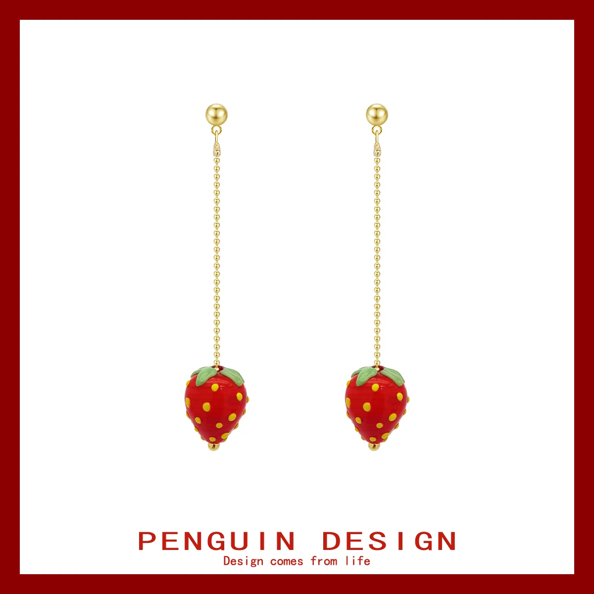 Genuine red strawberry, earrings, ear clips, silver 925 sample