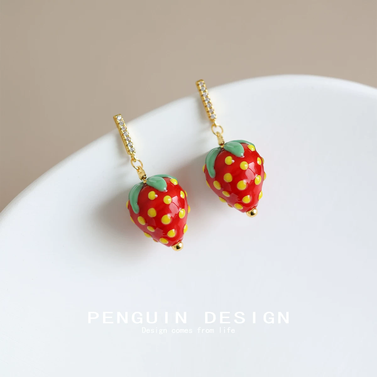 Genuine red strawberry, earrings, ear clips, silver 925 sample