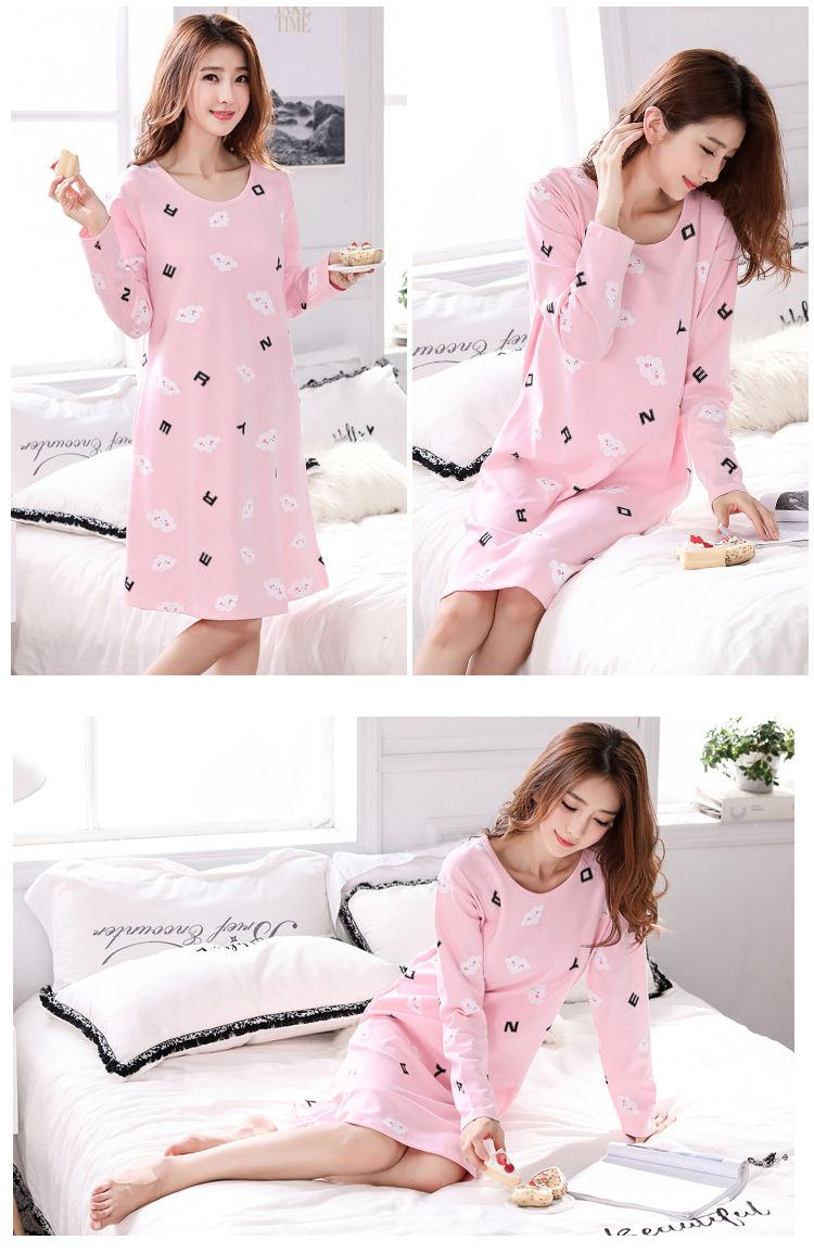 Phiên bản Hàn Quốc của đồ ngủ dài tay cotton nữ mùa xuân và mùa thu váy ngủ rộng kích thước lớn ngọt ngào và đáng yêu sinh viên tươi có thể mặc mùa đông đầm trắng dự tiệc