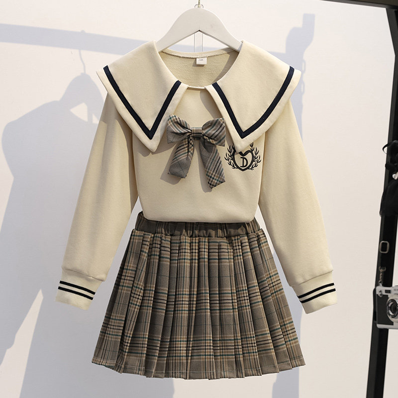 Girls' thick T-shirt suit dress children's autumn and winter college style plaid two-piece girl jk skirt trendy