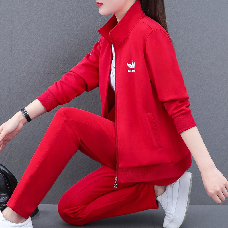 Spring and Autumn Casual Sportswear Set for Women, Square Dance Group Purchase, Authentic Age-Reducing Autumn Red Sweatshirt Two-Piece Set for Moms