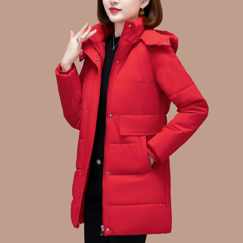 Woodpecker down Cotton Jacket for Women, Mid-Length Red Cotton Coat, Zodiac Year 2025 New Model, Winter Thickened Outerwear Woodpecker down Cotton Jacket for Women, Mid-Length Red Cotton Coat, Zodiac Year 2025 New Model, Winter Thickened Outerwear