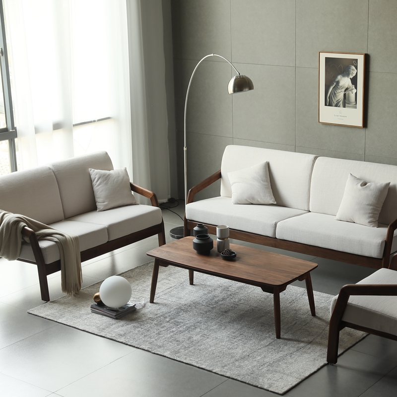 Nordic solid wood three-person sofa combination North American black walnut cloth art simple removable and washable small apartment tenon and mortise