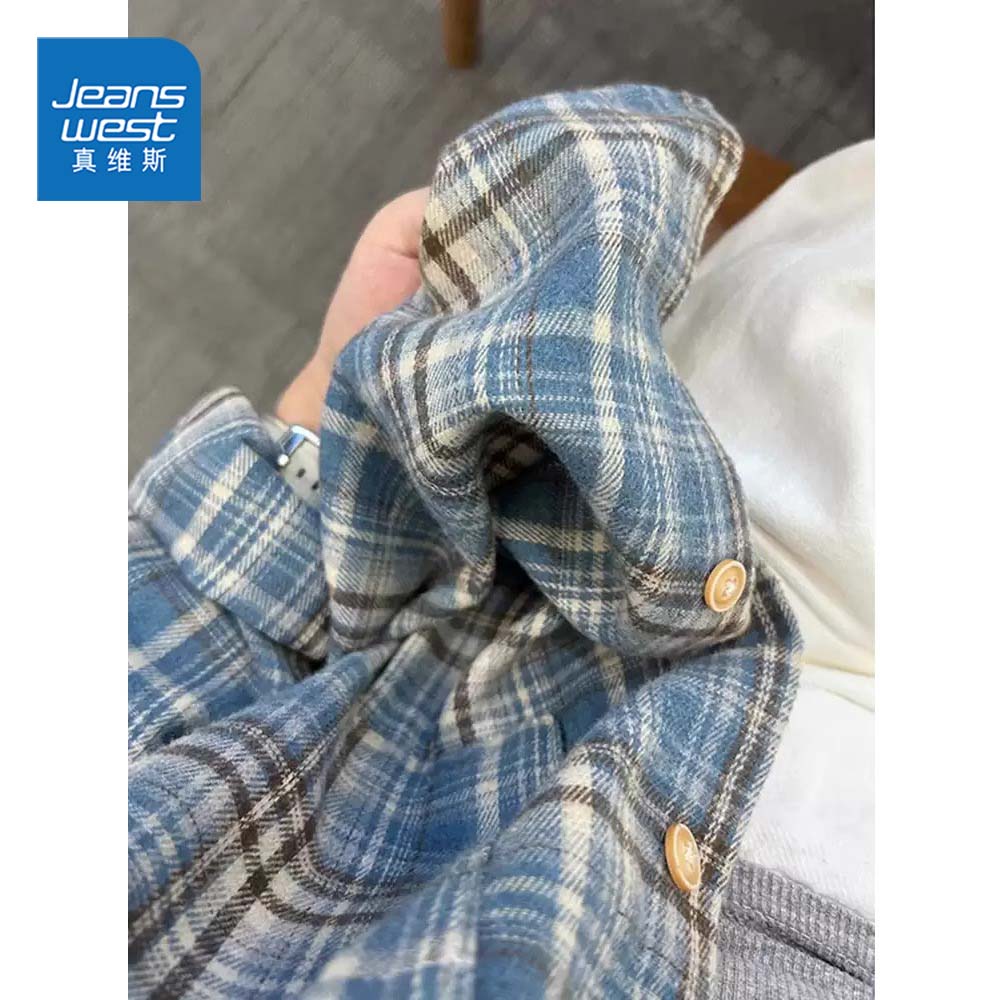 Jeanswest アメリカンブルーチェックシャツ レディース 春秋 2025 新作 レトロ インナーウェア ゆったり 長袖シャツ