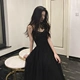 Hồng Kông hương vị retro chic mùa hè 2018 mới ren V-cổ sling khâu váy cổ tích Một từ nhỏ váy đen Váy eo cao